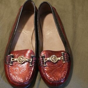 Elegant Red Loafers with Gold Accents